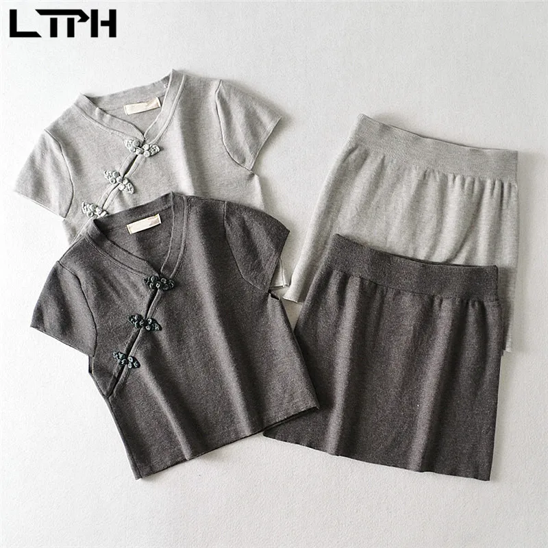 

LTPH short knit Outfits 2 piece set women vintage Chinese style disc buckle Blouse elastic Package Hip skirt sets 2021summer new