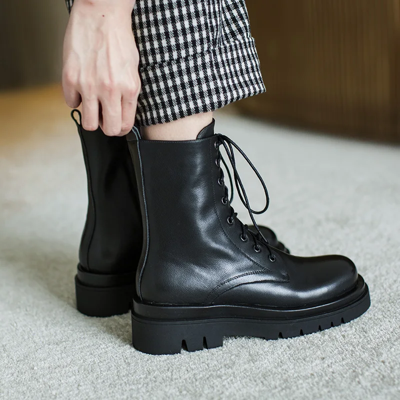 

Genuine Cow Leather Martin boots women's thick bottom 2020 fall British style round toe single boots ankle boots