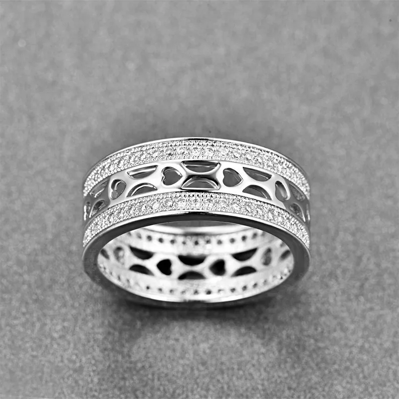 JQUEEN New Style 8MM Width Silver Color Ring Hollow Heart Double Micro Pave CZ For Women Wedding Party Jewelry | Украшения и