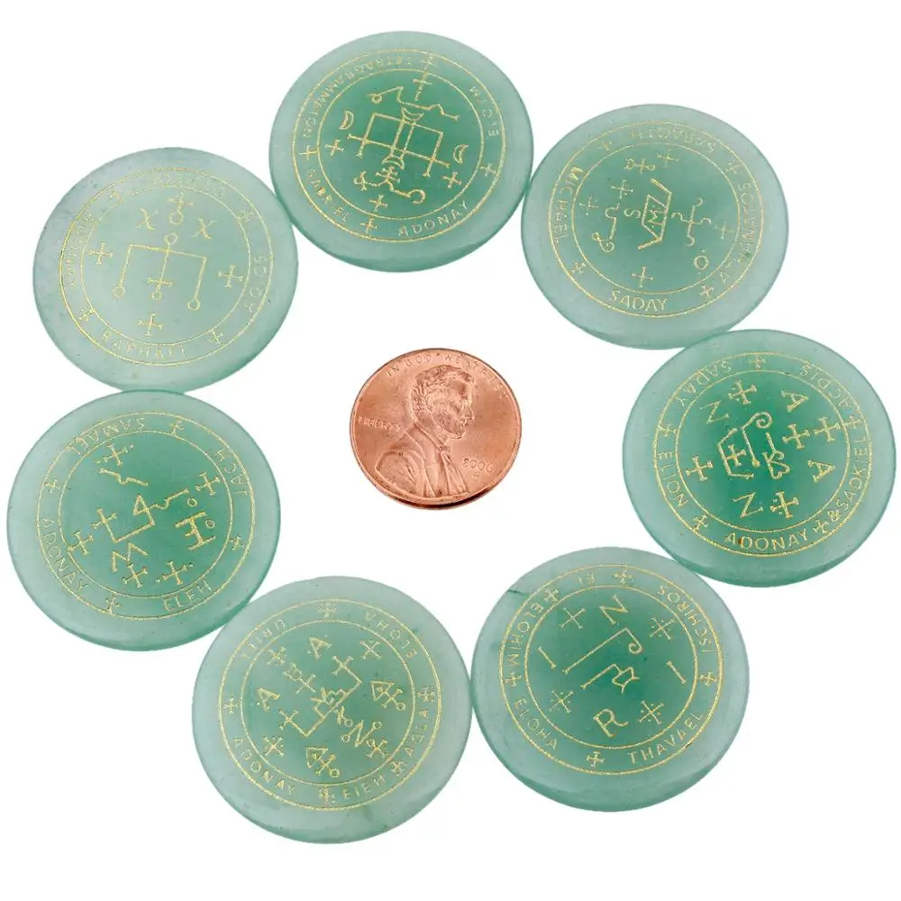 

TUMBEELLUWA 7Pc/Set Round Crystal with Engraved Circle Magic Archangel Symbol Spiritual Powers Palm Stone Worry Stone
