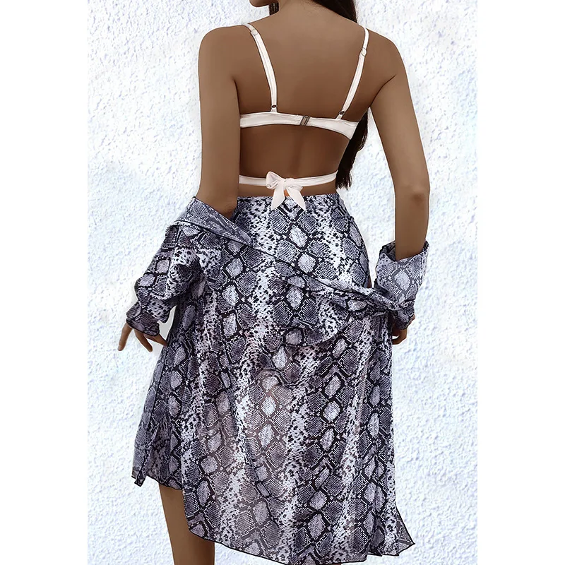 

2021 new women's bikini snakeskin printed three-piece swimsuit women