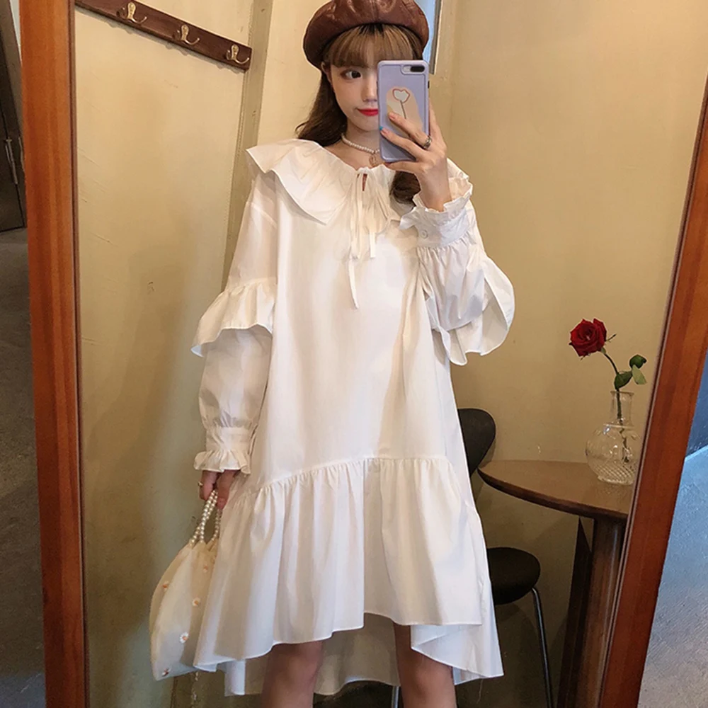 

Japan Style Ladies Dresses Spring Autumn The New Korean Fashion Loose Simple Designer Thin Hot Sale Ruffle Creasing Long Sleeve