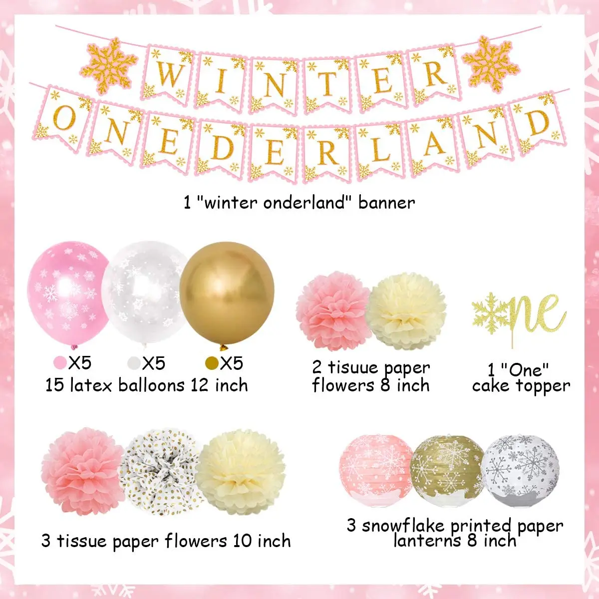 Decoraciones de cumplea&ntilde;os para ni&ntilde;a, copo de nieve de invierno de oro rosa, suministros de primera fiesta, conjunto de copo de nieve congelado, flores de papel, Topper de una primera tarta-3