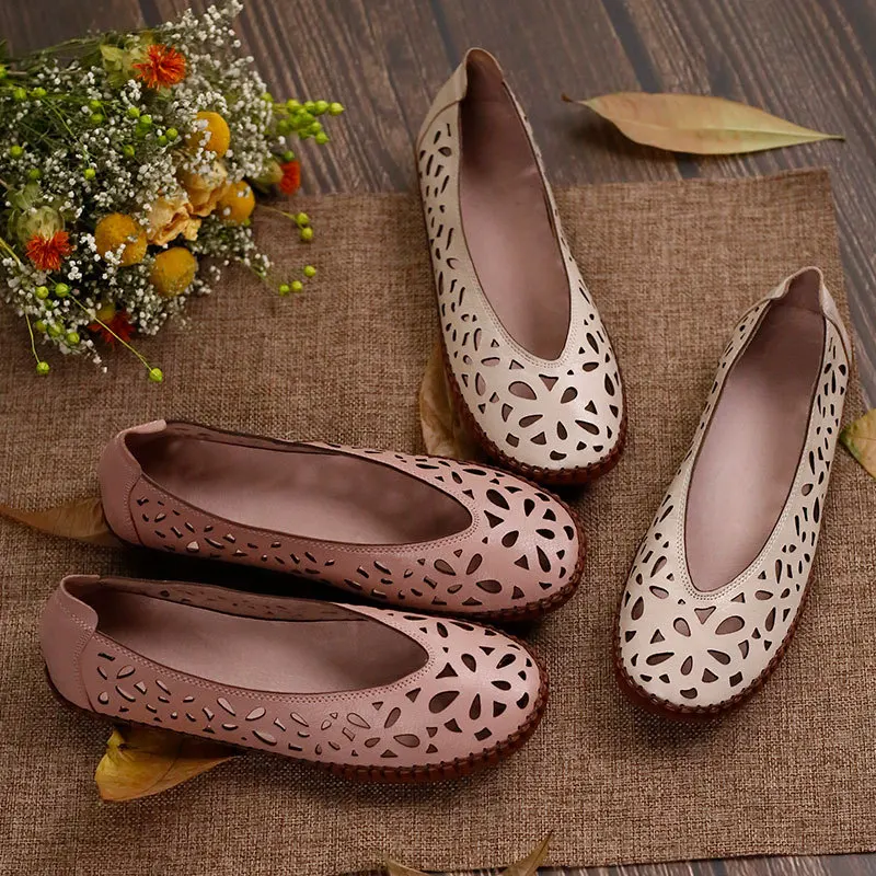 

VALLU 2020 new leather small round head soft leather bun shoes hollow cotton and linen wild models flat women's shoes