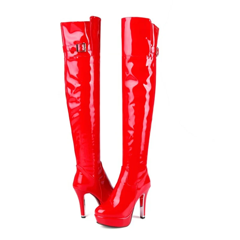 Ботфорты женские из лакированной кожи высокие сапоги выше колена на платформе и