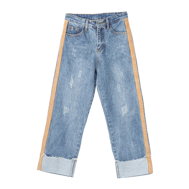 Женские джинсы BGTEEVER прямые синие с высокой талией и полосками по бокам 2019 |