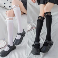 magogo 2 pairs lolita lace socks bow female japanese style black and white silk socks new fashion breathable