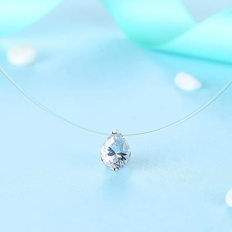 ELESHE 925 стерлингового серебра Невидимый цепь ожерелья Подвески Стразы колье для