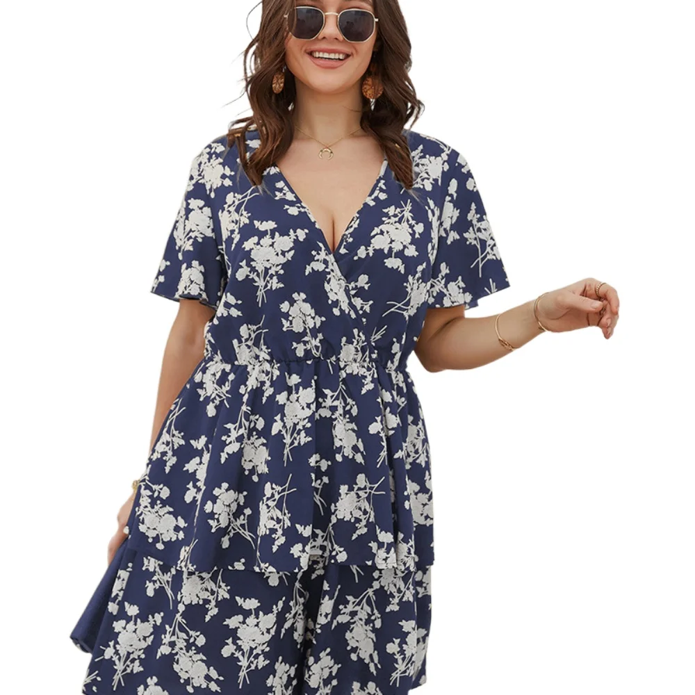 

2021 New Women Short Sleeve V-neck Summer Flower Print Plus Size Dress Sexy A-line Slim Waist Dresses Fashion Cascading Ruffle