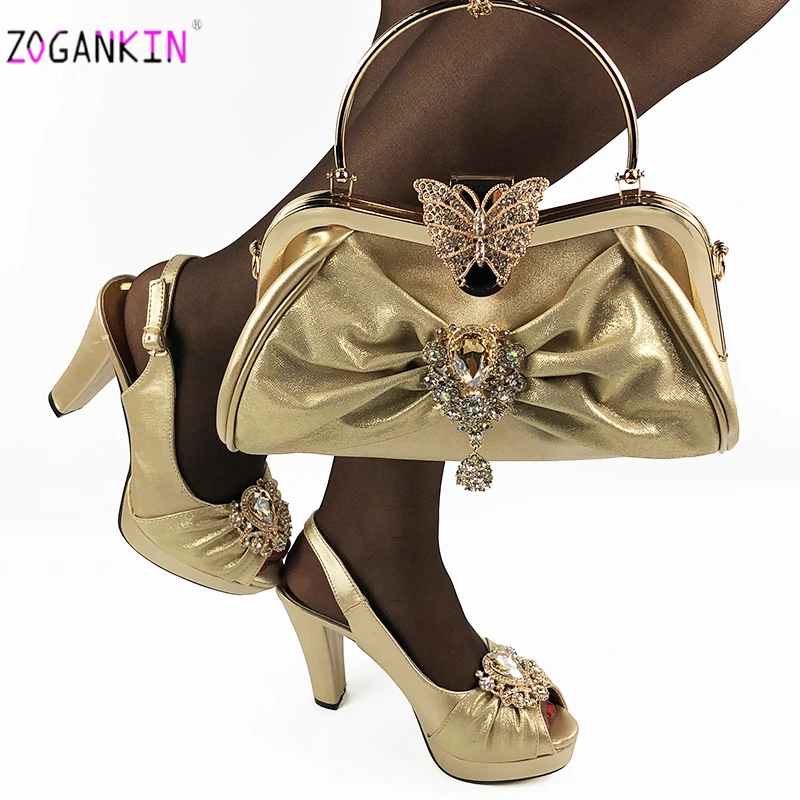 

Mature Lady Party Shoes and Bag Set in Gold Color Italian Women Shoes Matching Bag with Shinning Crystal for Wedding Party