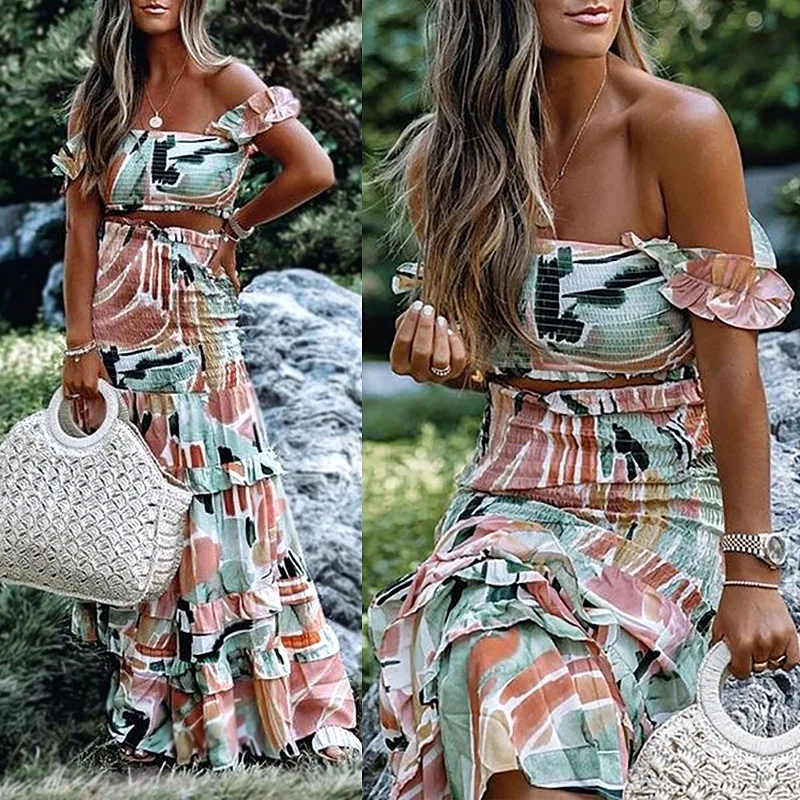 

Spot 2021 summer new women's printed sling pleated ruffle skirt suit