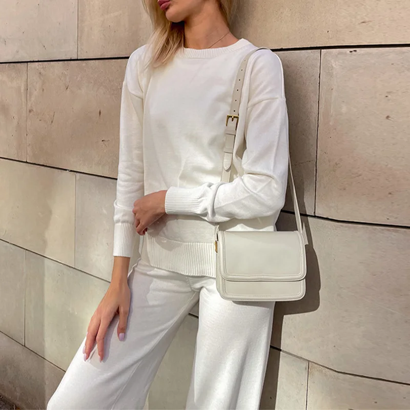 

Трикотажный женский однотонный свободный костюм, брюки с широкими штанинами, Новинка осени 2021, свитер с круглым вырезом и длинным рукавом, к...