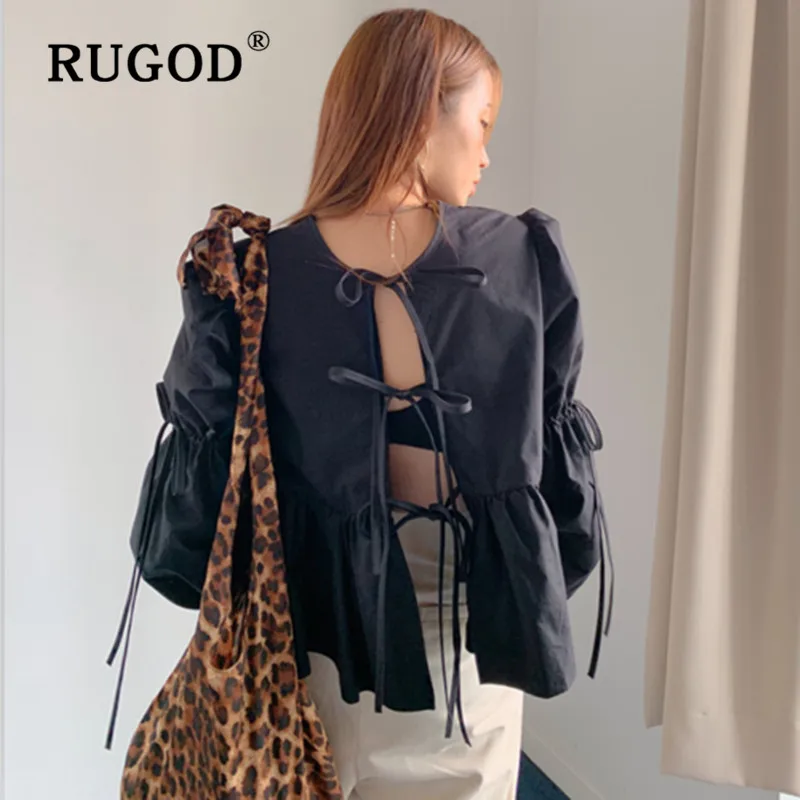 RUGOD ins, модная однотонная женская блузка, Корейская, с пышными рукавами, с открытой спиной, на шнуровке, женская осенняя одежда, повседневные, с оборками, милые топы, femme