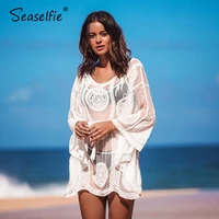 seaselfie solid boho floral self tie bikini cover up sexy bat sleeve loose chiffon beach tunic dress women 2021 beachwear