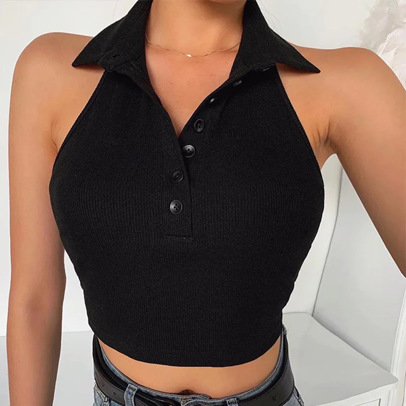 Женский укороченный топ на бретельках с открытой спиной без рукавов летний