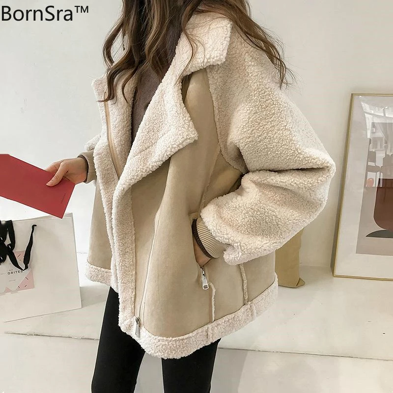 

Women Winter Oversized Teddy Jacket Chic Faux Suede Fur Collar Coats Aviator Motorcycle Biker Jackets Female Lamb Wool Coat New