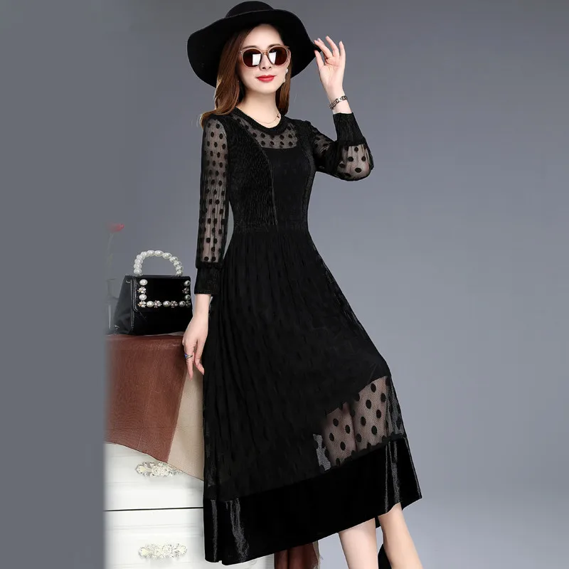 KMETRAM Spring Autumn Velvet Dress 2020 Vintage Party Maxi Women Long Sleeve Black Elegant Dresses Vestidos WW1158 | Женская одежда