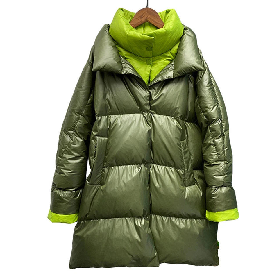 

Женский пуховик средней длины, однобортная свободная Толстая теплая куртка на белом утином пуху с двойным воротником, Модный повседневный стиль