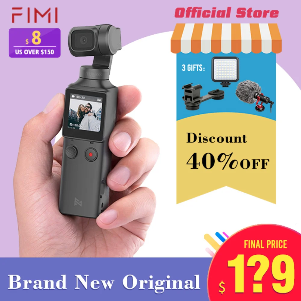 Ручной Стабилизатор для камеры FIMI 3 осевой Карманный 4K HD со встроенным Wi Fi