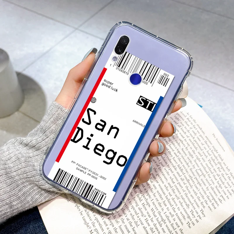 

Air Ticket World City Label Case For Xiaomi Redmi Note 7 7s 7A 6A 6 10X Pro Fashion Soft TPU Clear Cover QR Code Purple Coque
