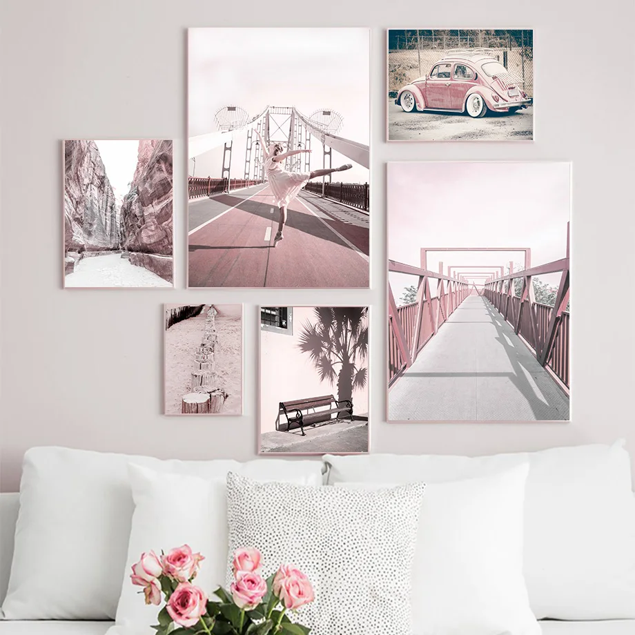 

Pink Bridge Beach Car Ballet Girl Tree Wall Art Canvas Painting Nordic Posters And Prints Wall Pictures For Living Room Decor