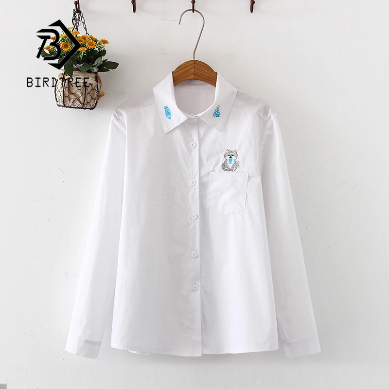 Новое поступление милая хлопковая белая рубашка с вышивкой в виде рыбки и кошки