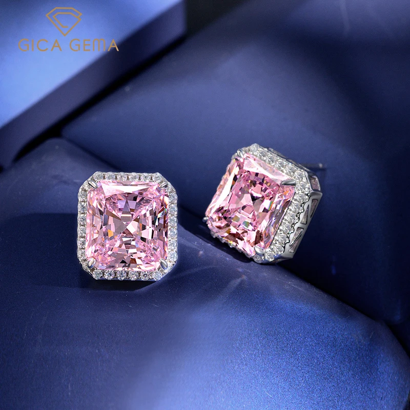

GICA GEMA 925 Sterling Silver 10*11mm Pink High Carbon Diamond Stud Earrings For Women Sparkling Wedding Fine Jewelry Wholesale
