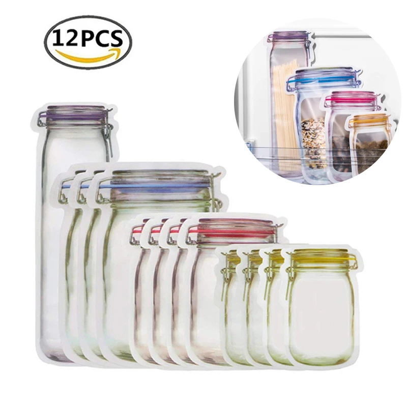 

Portable Mason Jar Bottles Bag Nuts Cookies Snacks Candy Bags Fresh Zipper Seal Food Storage Bag Kitchen Organizer Reusable