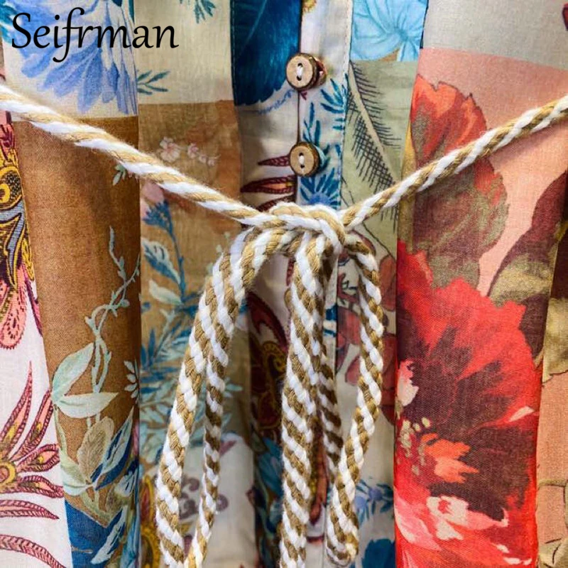 

Seifrmann New 2021 Summer Women Fashion DesignerParty Mini Dress Lantern Sleeve Single Single Breasted Sashes High Waist Dress