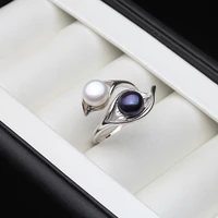 wedding real natural freshwater white black double pearl ring boho fashion leaf 925 sterling silver rings for women