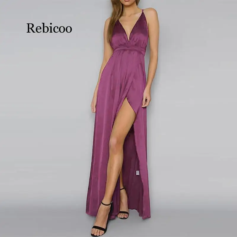 

Rebicoo Maxi Backless Party Dress Women Candy Colors Sexy Cross Back Wrap High Slit Summer Dresses Female Elegant Long Dress