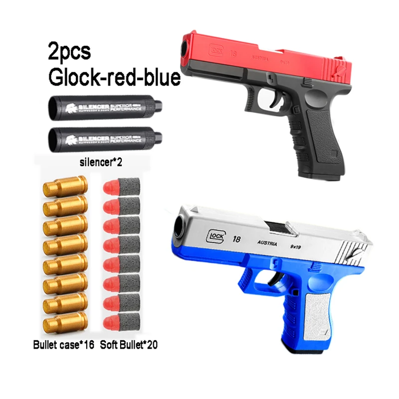 

2PCS/Set Glock EVA Soft Ball Toy Guns for Boys Outdoor Shooting Games Air Weapons Pistol 1911 Model Shell Ejection with Silencer