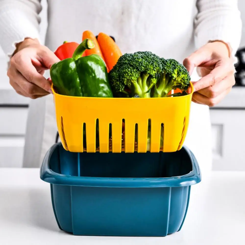 

40% Hot Sales!!! Double Layer Kitchen Fruits Vegetables Washing Drain Storage Basket with Lid