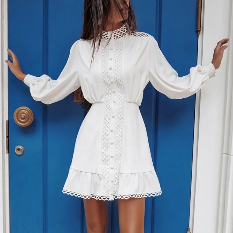 2020 женское элегантное платье повседневное кружевное рубашка с длинным рукавом и