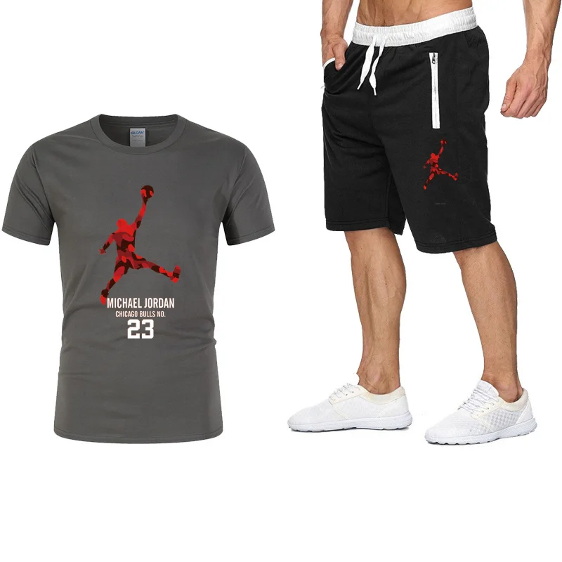 

2021 Fashion New Brand Men's Summer High-quality Cotton Sports T-shirt + Sports Shorts Suit 23 Running Hip-hop Sportswear