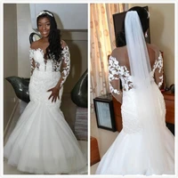 arabic aso ebi wedding dresses sheer neck lace beaded long sleeves backless african bridal gowns vestidos de novia
