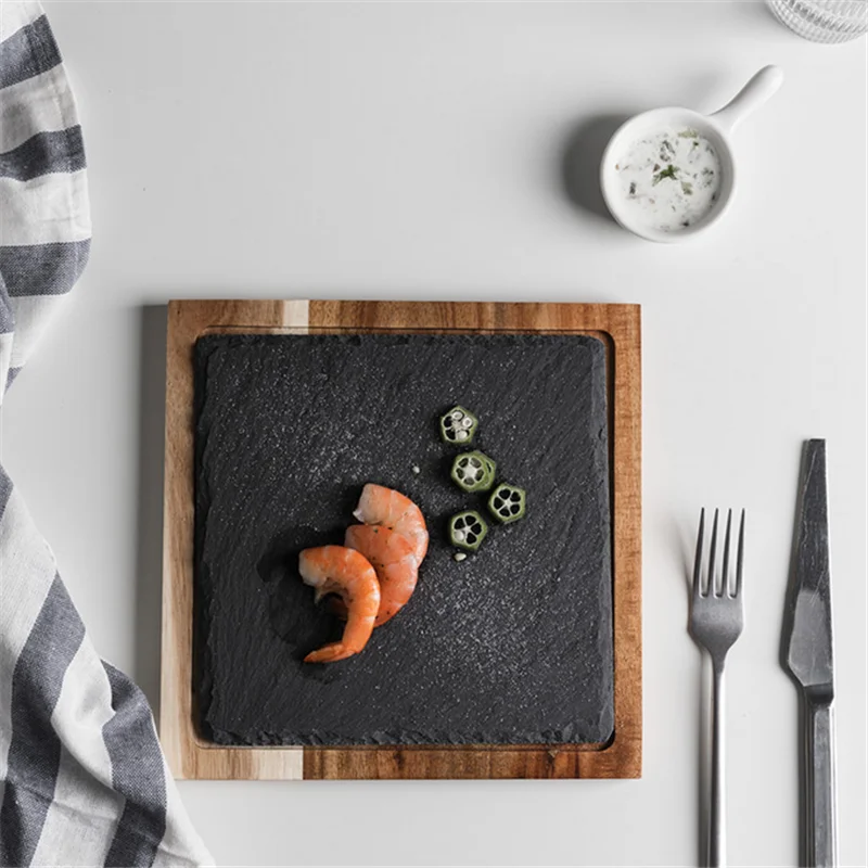 1 шт. лоток из цельного дерева для западной еды в японском стиле черная шиферная