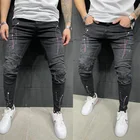 Для мужчин рваные джинсы скинни, карандаш, брюки-стрейч с тонкими отверстиями байкерские джинсовые Костюмы мужской уличный стиль в стиле хип-хоп, панк потрепанные ковбойские штаны