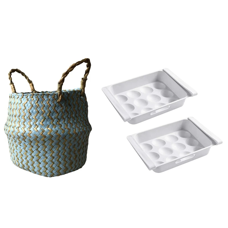 

1 Pcs Portable Foldable Natural Seagrass Woven Storage Basket & 2 Pcs Fridge Drawer Storage Box
