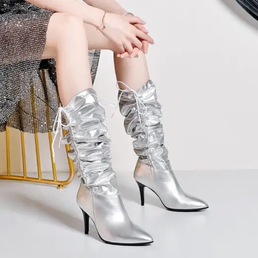 Однотонные черные белые золотистые серебристые женские сапоги до колена на