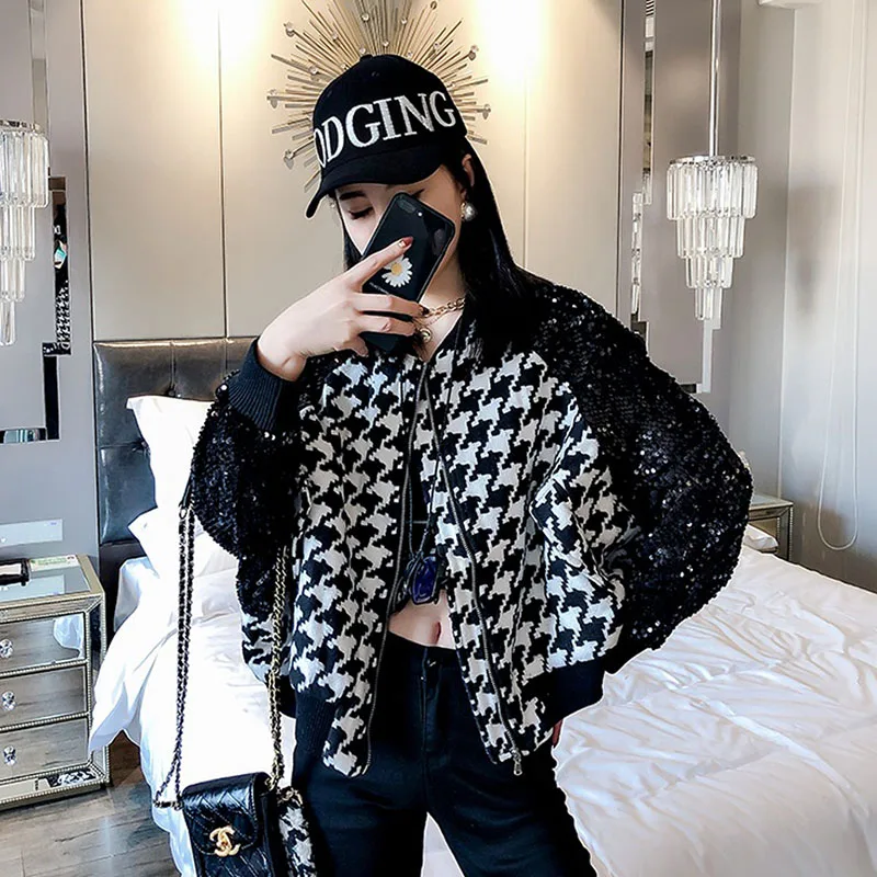 

Женская короткая бейсбольная куртка, черная короткая бейсбольная куртка с блестками и рукавом «летучая мышь», уличная одежда для осени, 2021