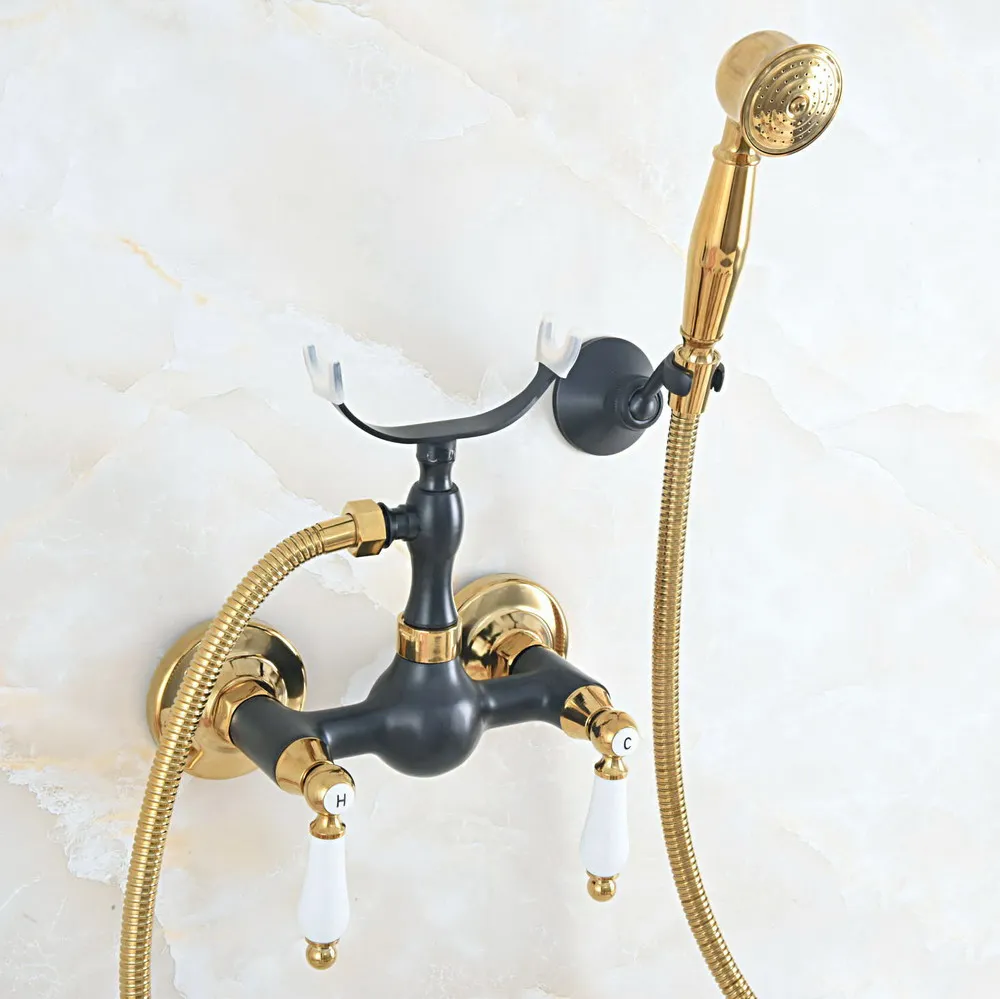 

Золотистый и черный латунный настенный смеситель для ванны с масляным покрытием и резьбой 1,5 м, смеситель для шланга 2na563