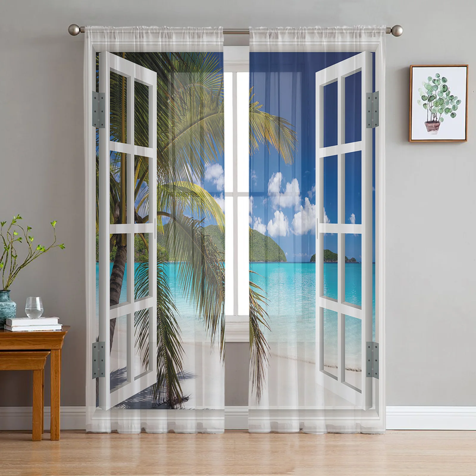 

Шторы на окна с кокосовым деревом, пляжные прозрачные Занавески для гостиной, кухни, тюль для окон, вуаль, занавески из пряжи для спальни