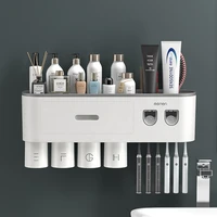 magnetic adsorption inverted toothbrush holder double automatic toothpaste squeezer dispenser storage rack bathroom organizer