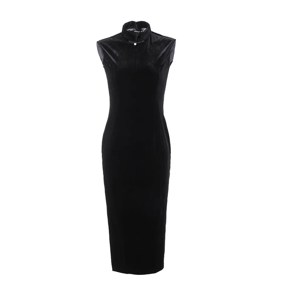 

Retro Stand Collar Sleeveless Velvet Long Cheongsam 2020 Summer Fashion Solid Color High Split Elegant Banquet Dress Cheongsam
