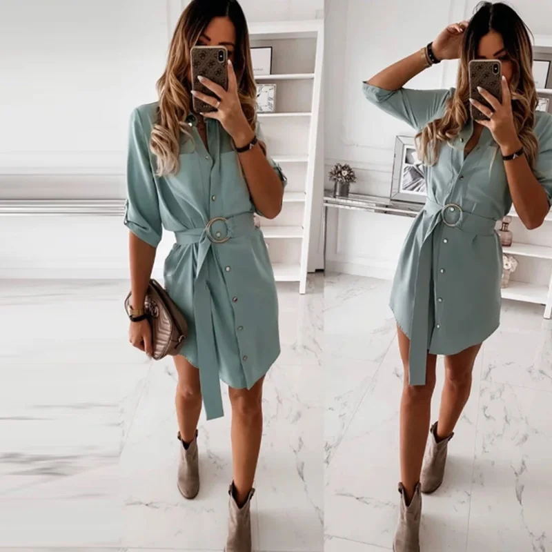 

Women Vintage Sashes Front Pockets A-line Dress Turn Down Collar Solid Elegant Casual New Fashion Dress 2020 Autumn Female Dress