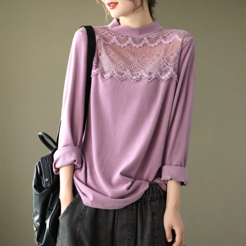 

Long Sleeve T-shirt With Top Female Vintage Tees And Tops Elegant Lace Edge Bottomed T-shirt For Women Solid Color Pullover