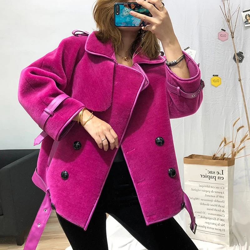 Женское пальто из натуральной овечьей шерсти байкерская куртка бомбер с длинным