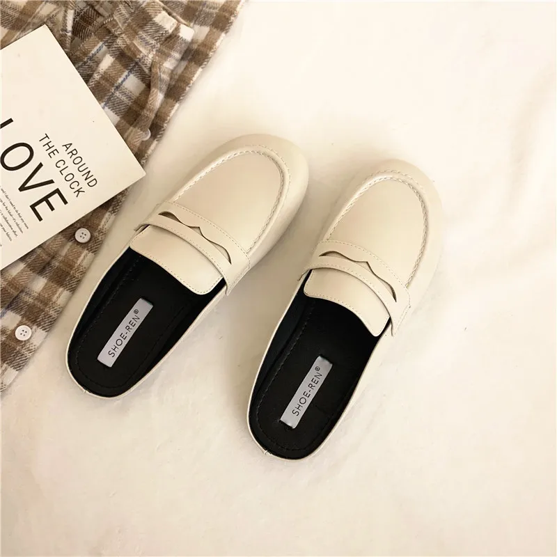 

Spring British Style Slippers Flats Round Toe Slip On Shoes 2021 New Women's Heels Oxfords Loafers Genuine Leather Fashion Shoes