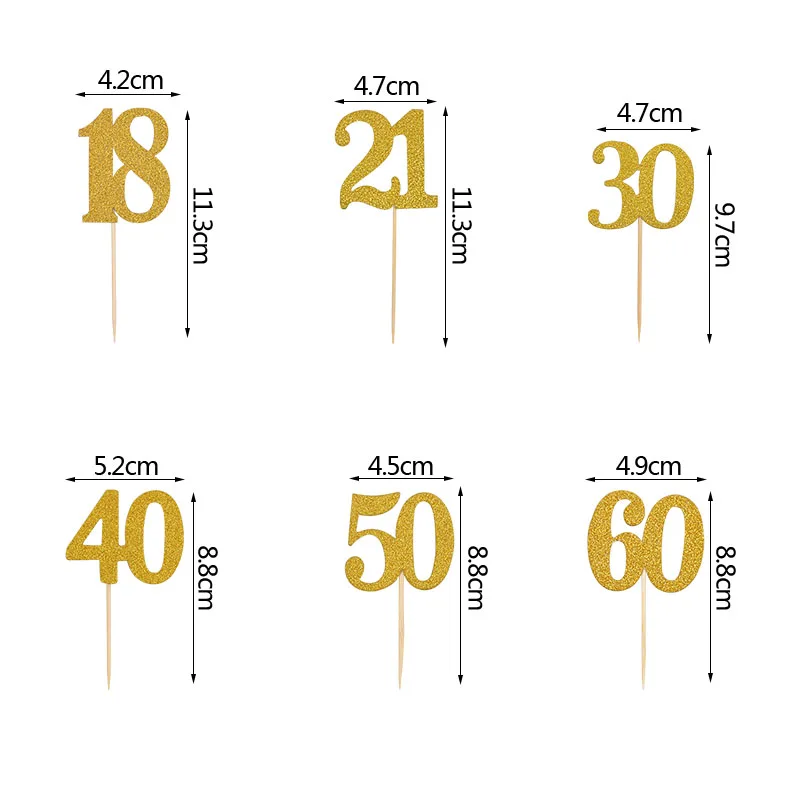 

18/21/30/40/50/60 Anniversary Birthday Party Number Cake Topper Gold Cup Cake Insert Adult Birthday Party Decoration Supplies